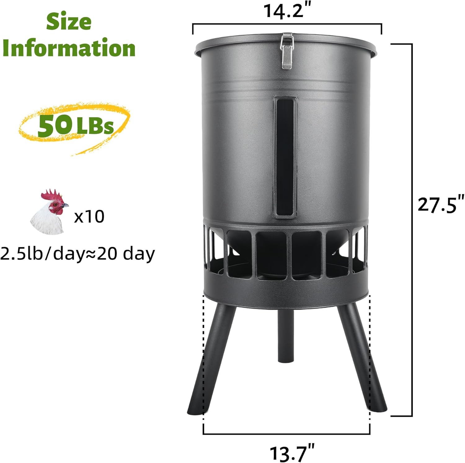 50LB Metal Chicken Feeder - No Waste, No Clog Design with 16 Ports & Smooth Grav