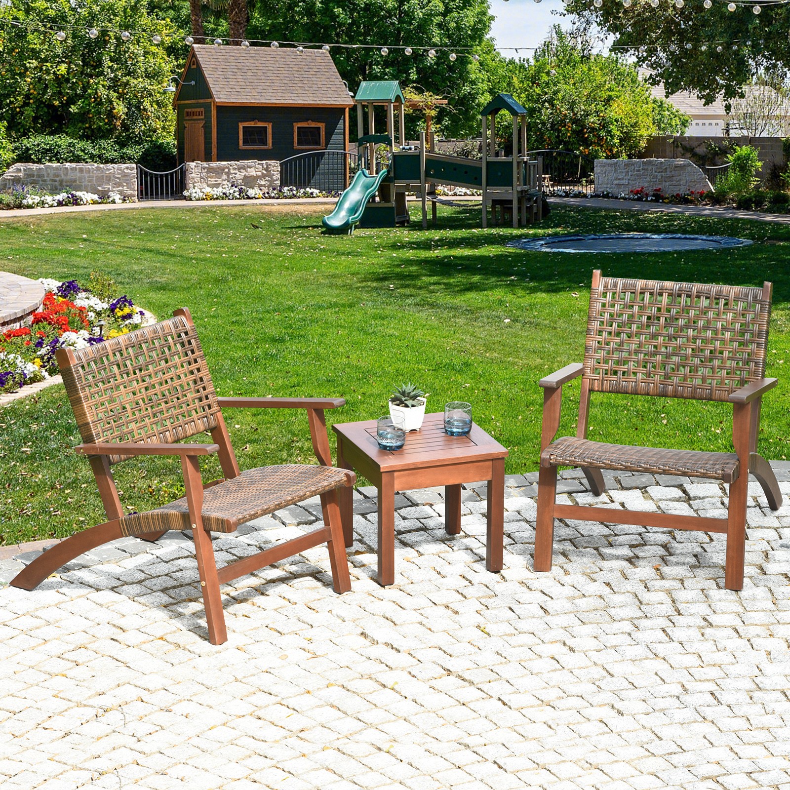 Topbuy 3 Pieces Outdoor Eucalyptus Wood Bistro Set Modern Hand-Woven PE Wicker