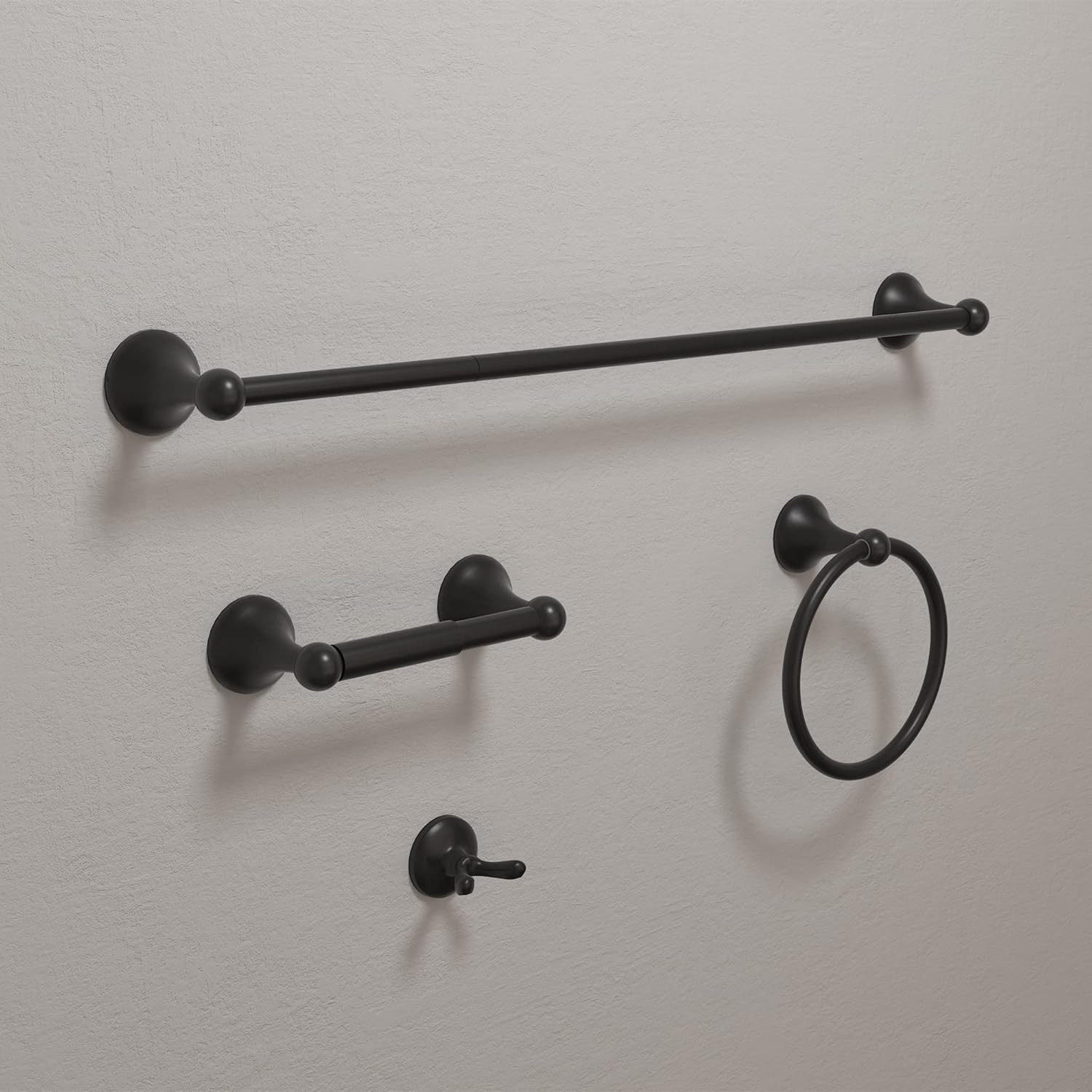 Bathroom Accessory Set, Matte Black Adjustable Expandable Towel Bar 4-Piece Bath