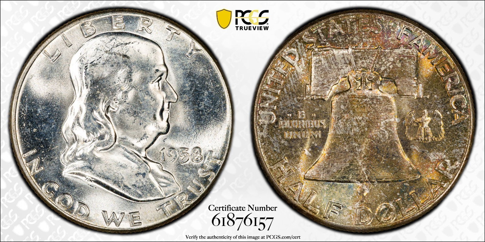 1958-P PCGS MS64 Franklin Half Dollar w/ Exceptional Reverse Rainbow Toning