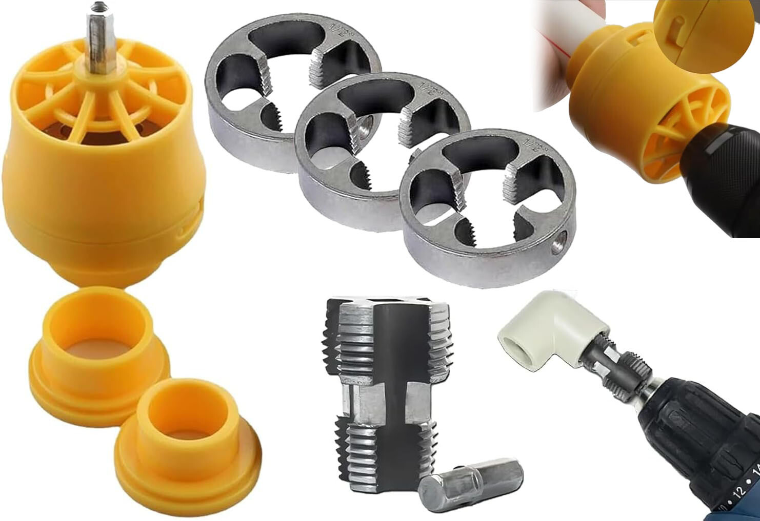 Electric Drill Compatible PVC Pipe Threader Kit with Various Die Sizes -Set 7PCS