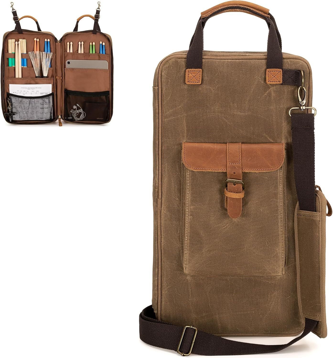 Waxed Canvas Drum Stick Bag with Hanging Hooks and Shoulder Strap | Mallets Perc
