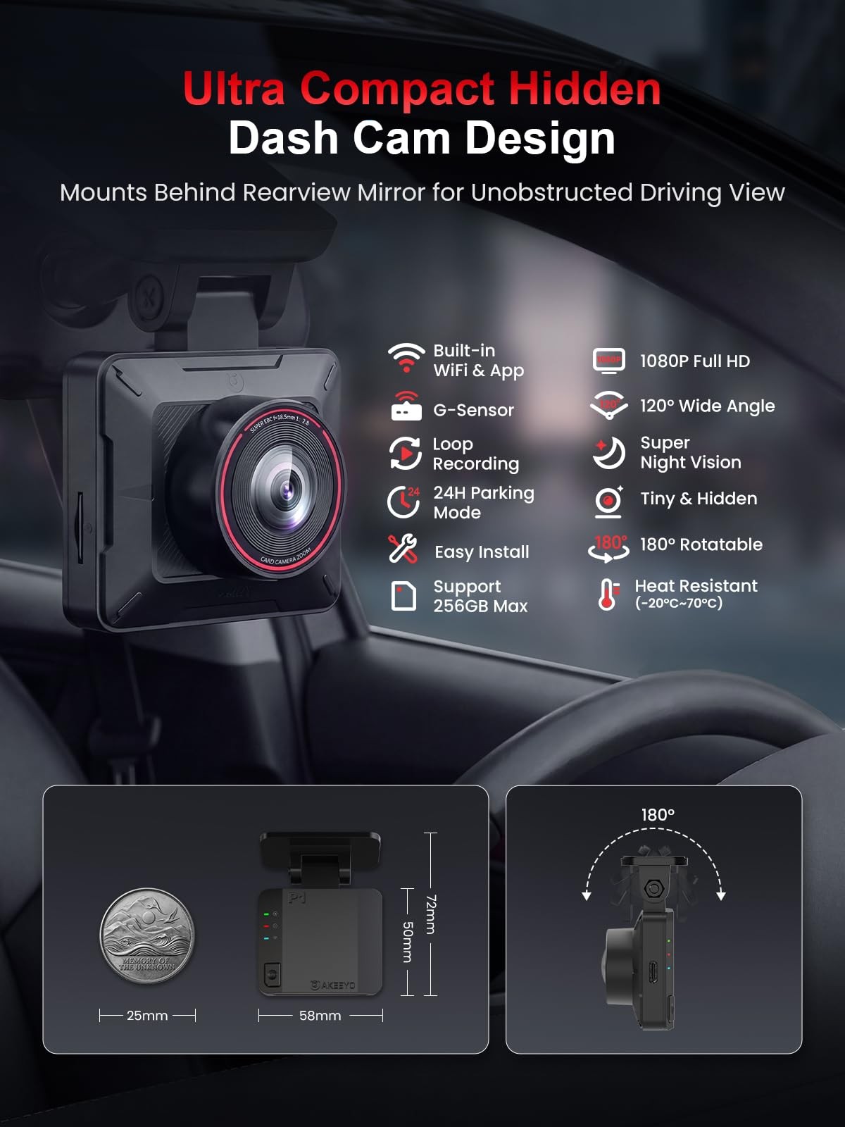 AKEEYO P1 Mini Dash Cam – Super Compact Front Camera dash camera, Black