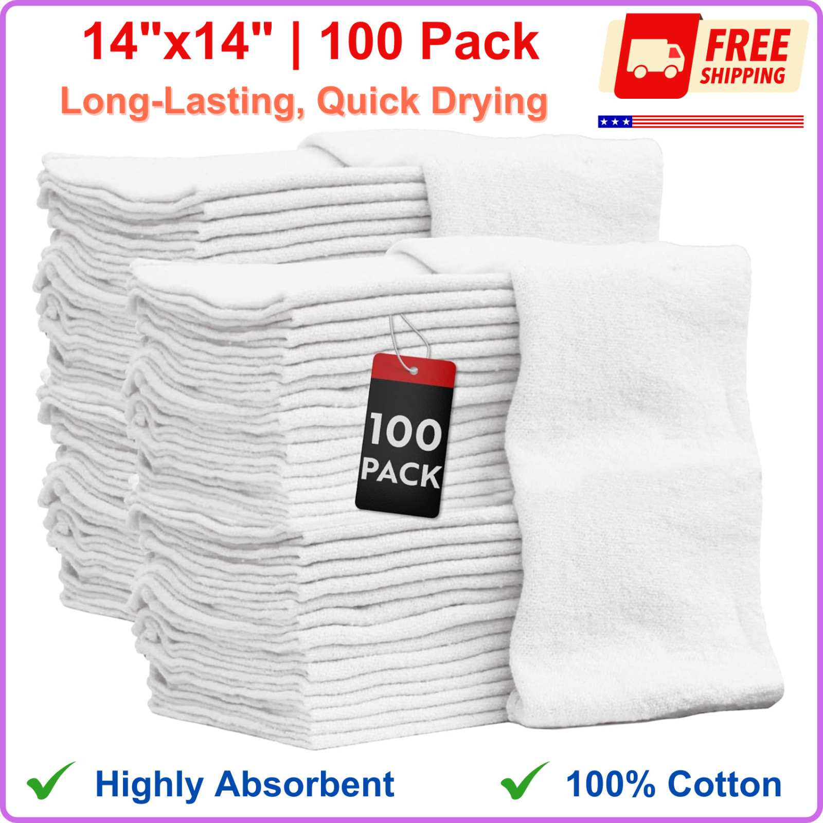 Auto Mechanic Shop Towels 100 Pack Bulk Rags 100% Cotton Commercial Grade Shop
