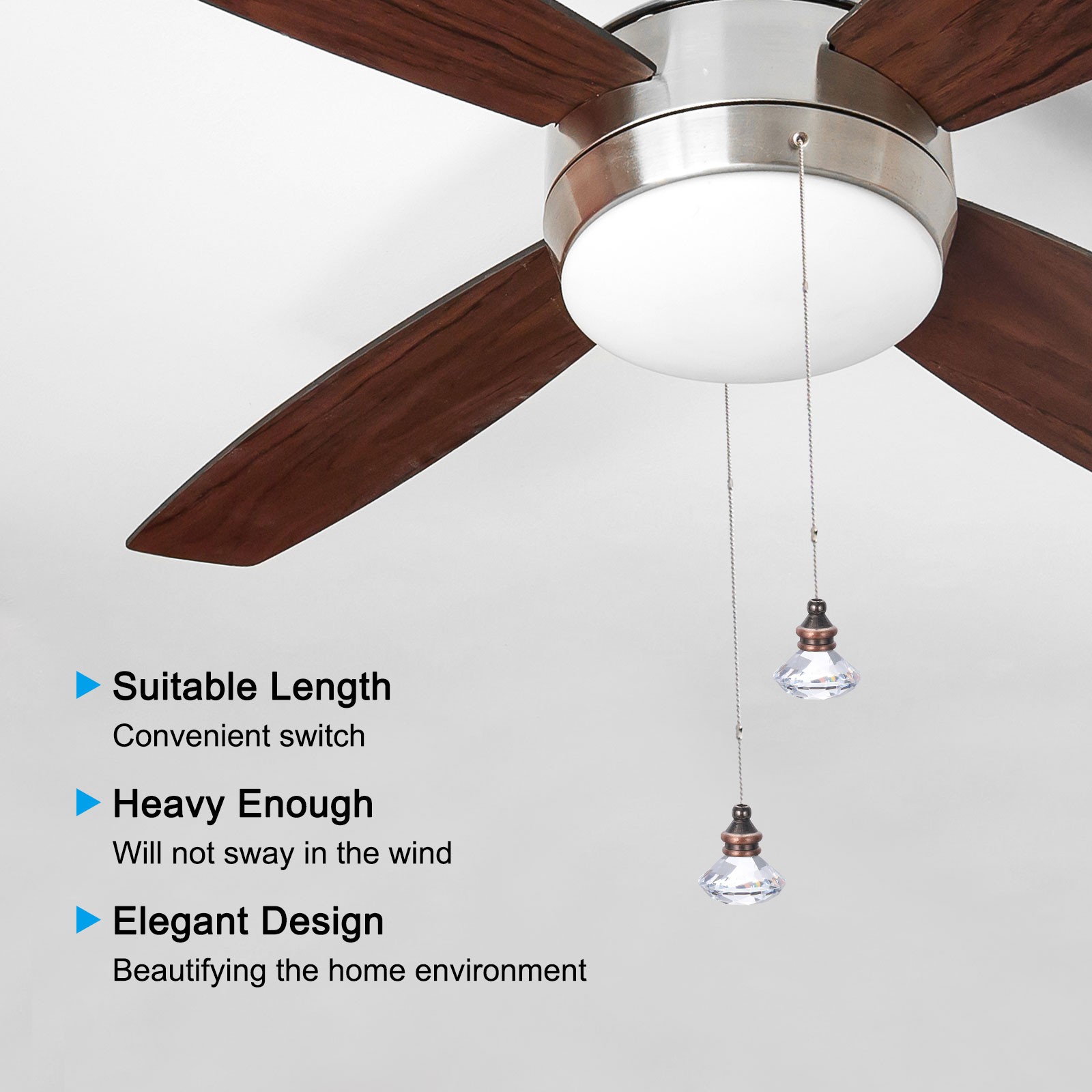 Ceiling Fan Pull Chain, 2Pcs 12" Diamond Pendant Chain Extender, Clear
