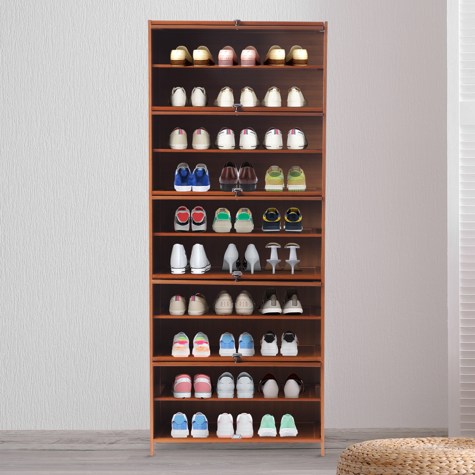 10 Tier 30 Pairs Shoe Cabinet with Doors Wood Stand Shoe Organizer for Entryway