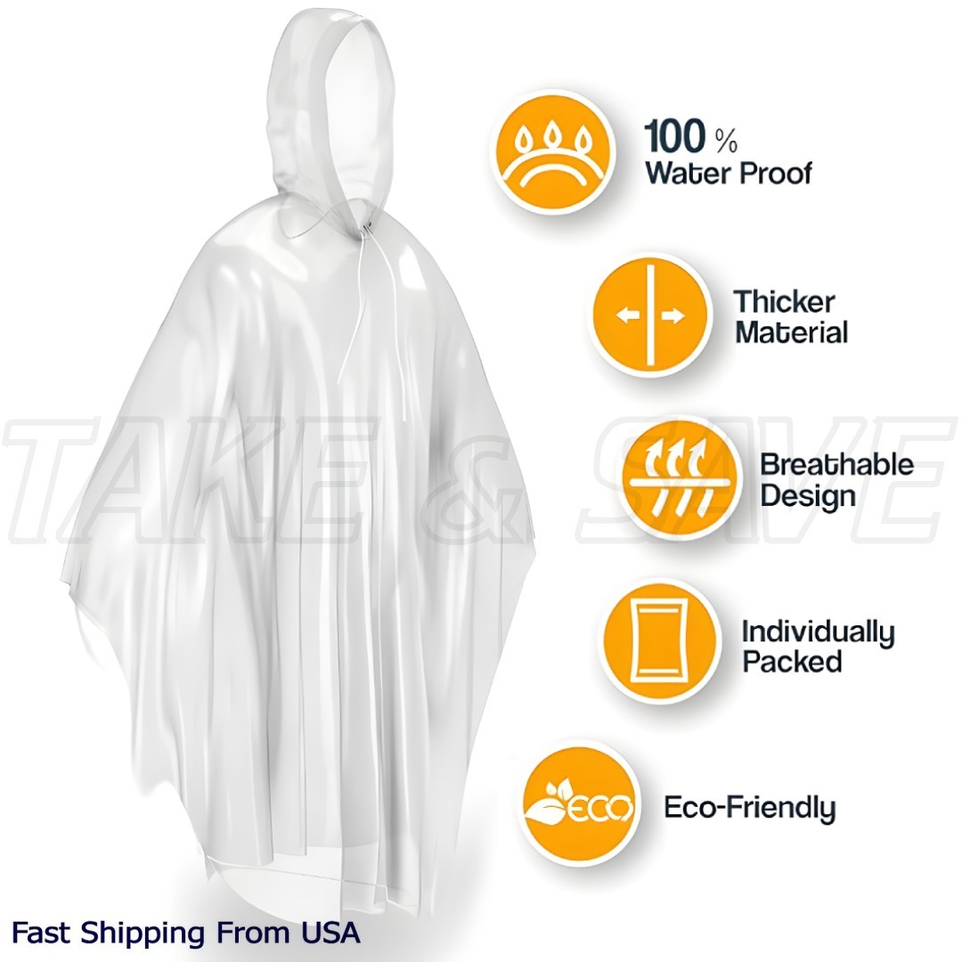 Disposable Rain Poncho Emergency Waterproof Adult Hiking Coat Hood / 1-10 Pack