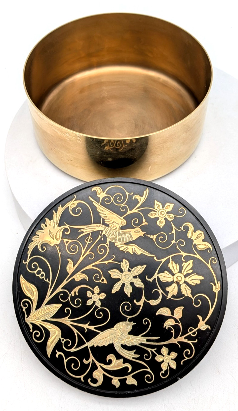 Oneida Brass Trinket Box Black Enamel Lid Birds
