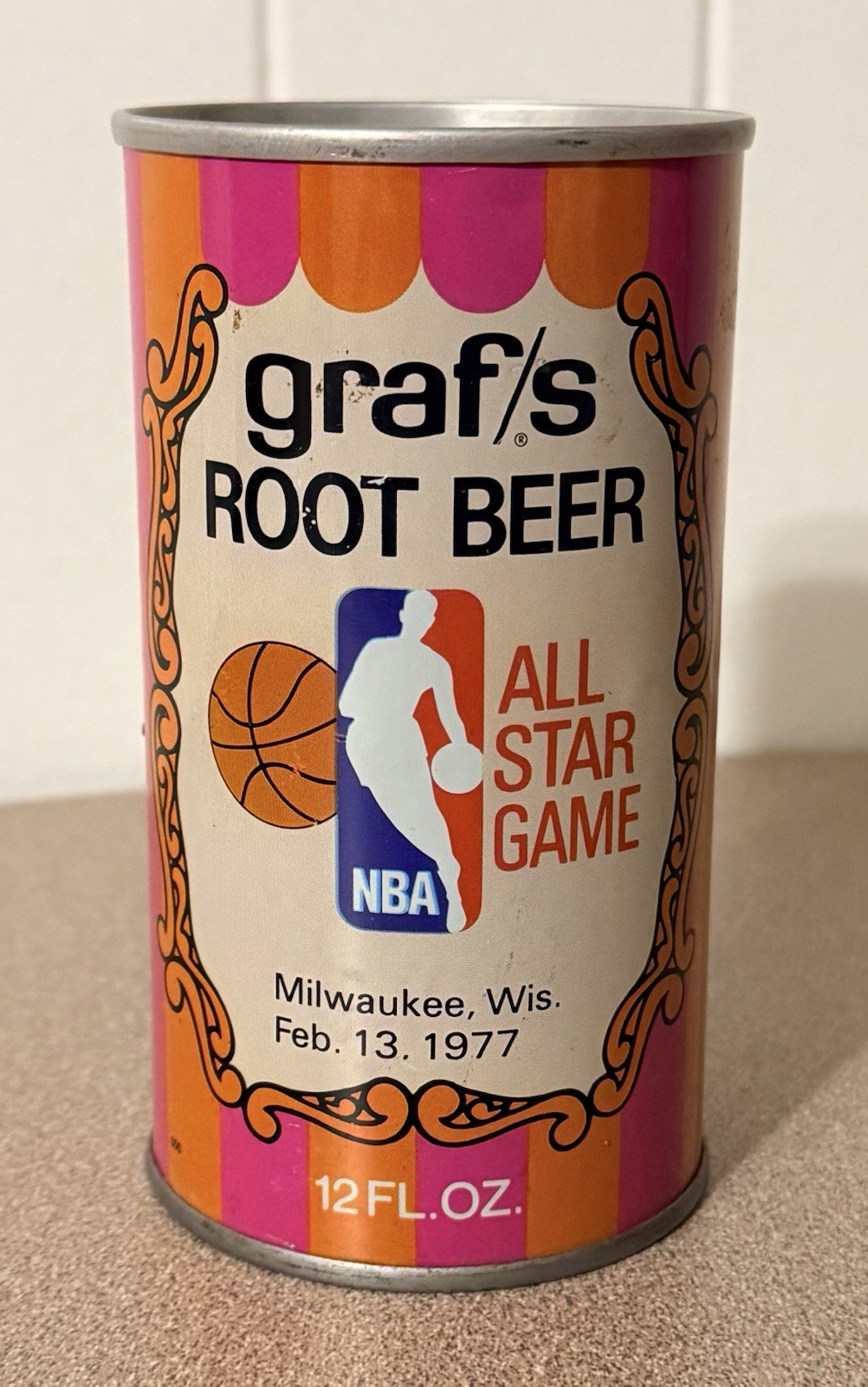 VTG 1977 Graf's Root Beer Can - NBA All-Star Game Milwaukee Bucks -EMPTY