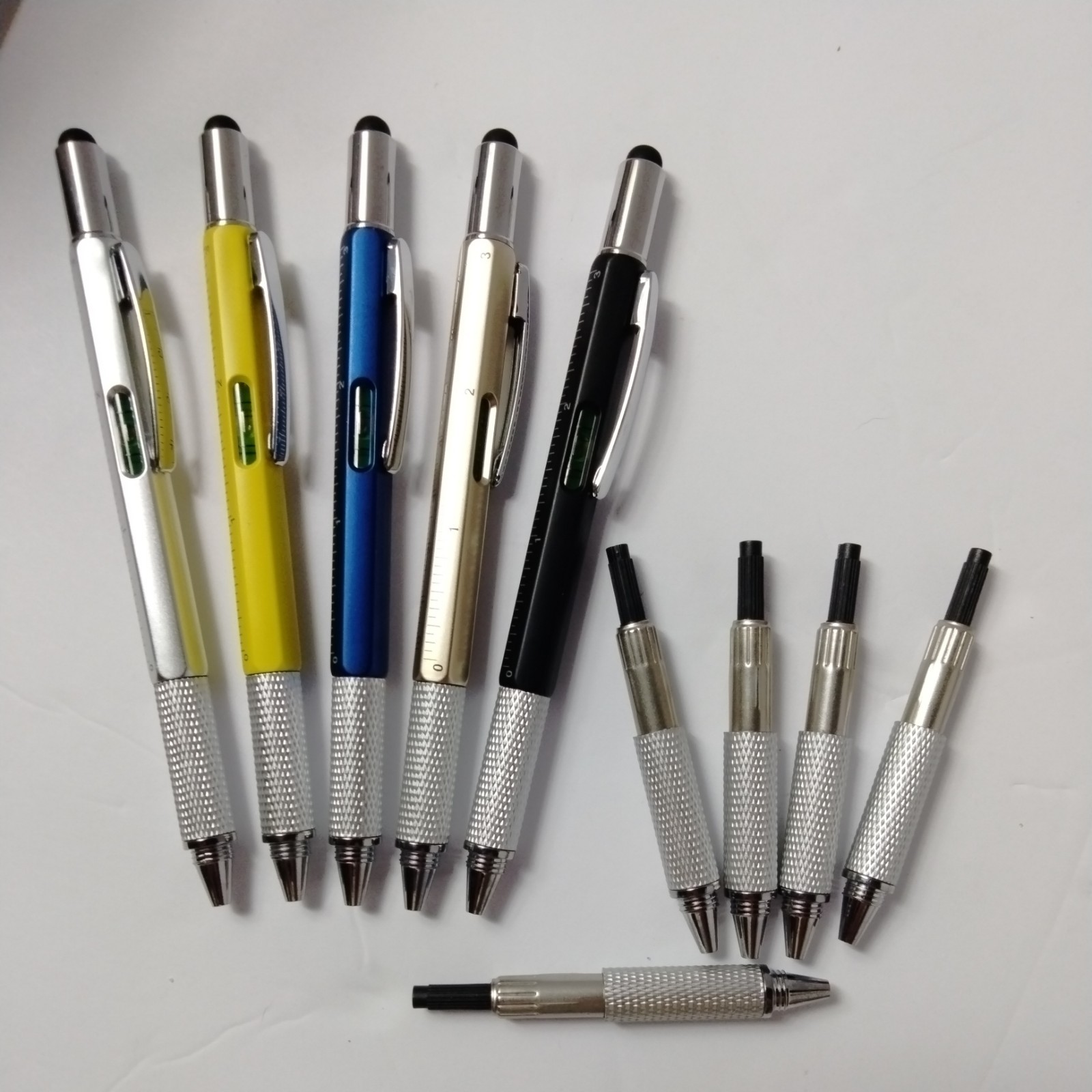 5 Pens/5 Refills  Multi Tool Pen, 6 Tools In 1 Blue, Black, Yellow, Gold, Silver