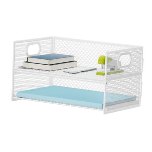 2 Tier Paper Organizer Letter Tray, Mesh File Organizer with Handle, White