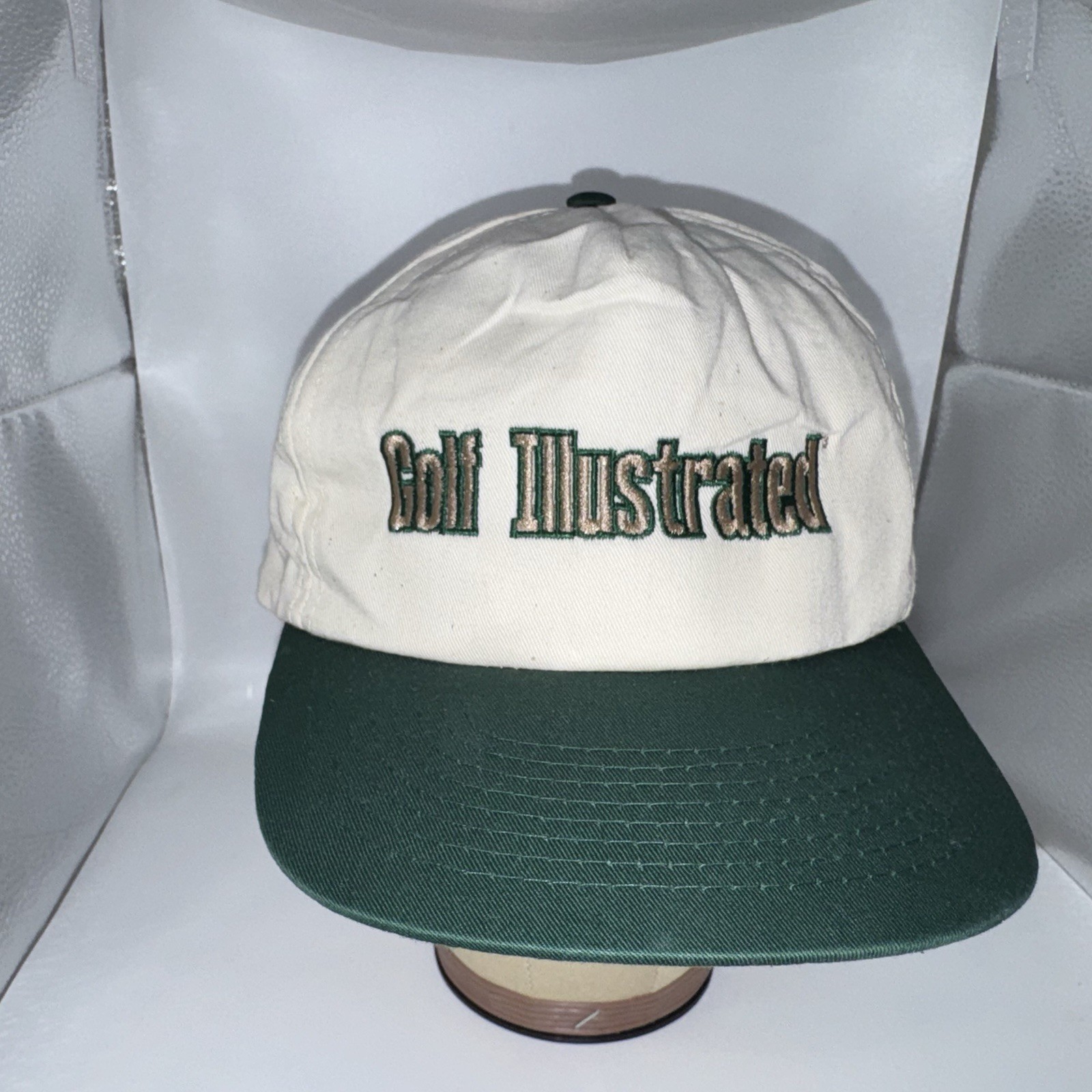 VINTAGE Golf Illustrated Magazine Hat Cap White Green Adjustable Snap Back Mens