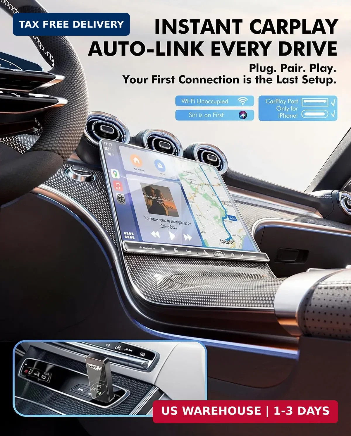 Wireless CarPlay Adapter for Apple iPhone - Converts Factory Wired CarPlay to Wi