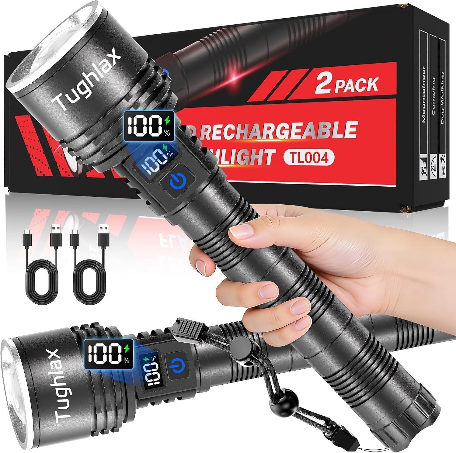 High Lumens Rechargeable LED Flashlights 2Pack, Super Bright Zoomable Powerful