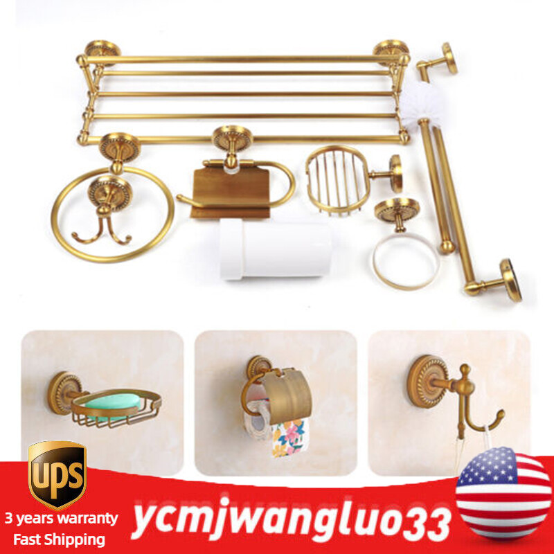 7PCS Vintage Gold Copper Bathroom Accessories Set Bath Hardware Towel Bar Kit