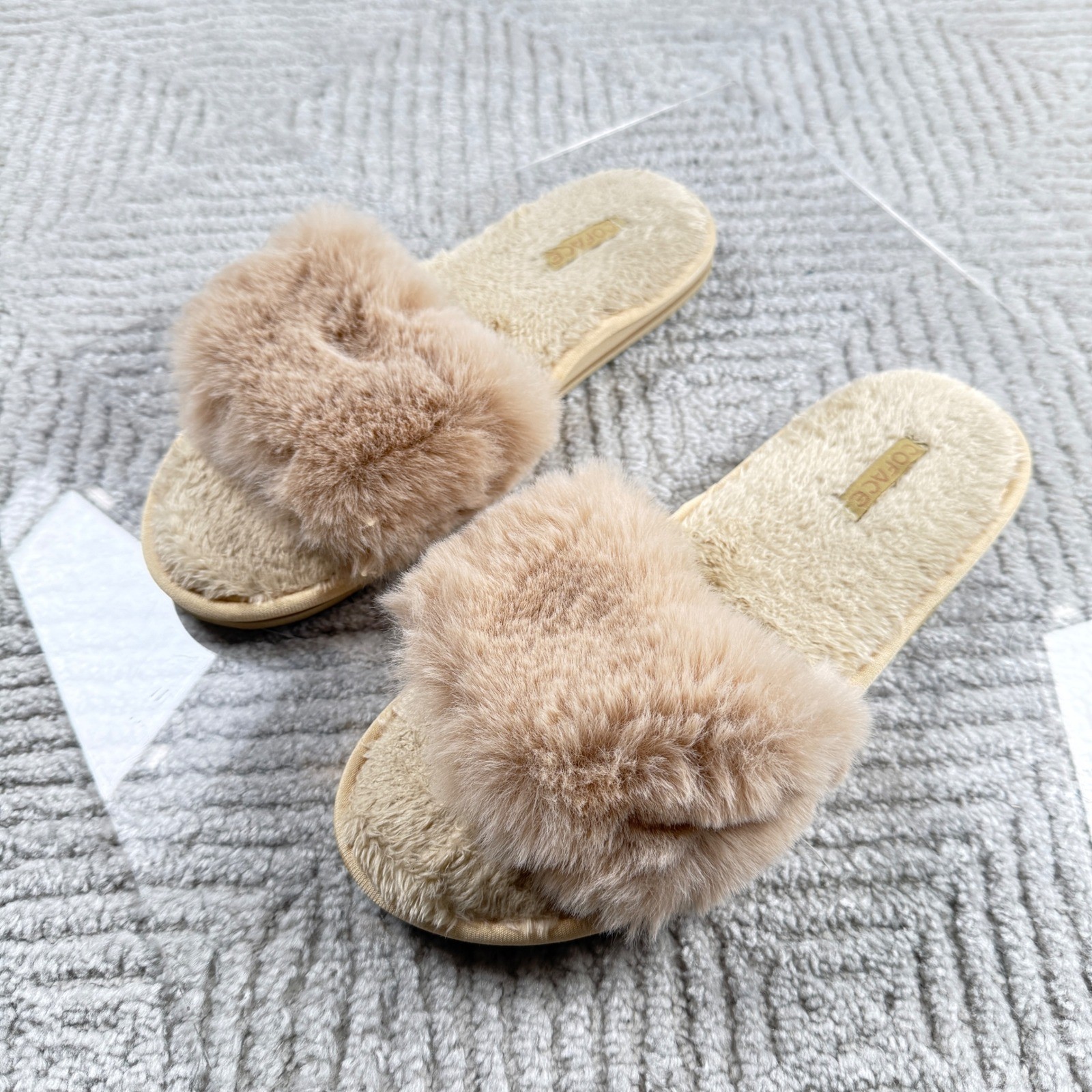 Coface Faux Fur Slide Slippers Womens 10 Tan Spa Travel Luxury House Shoes Soft
