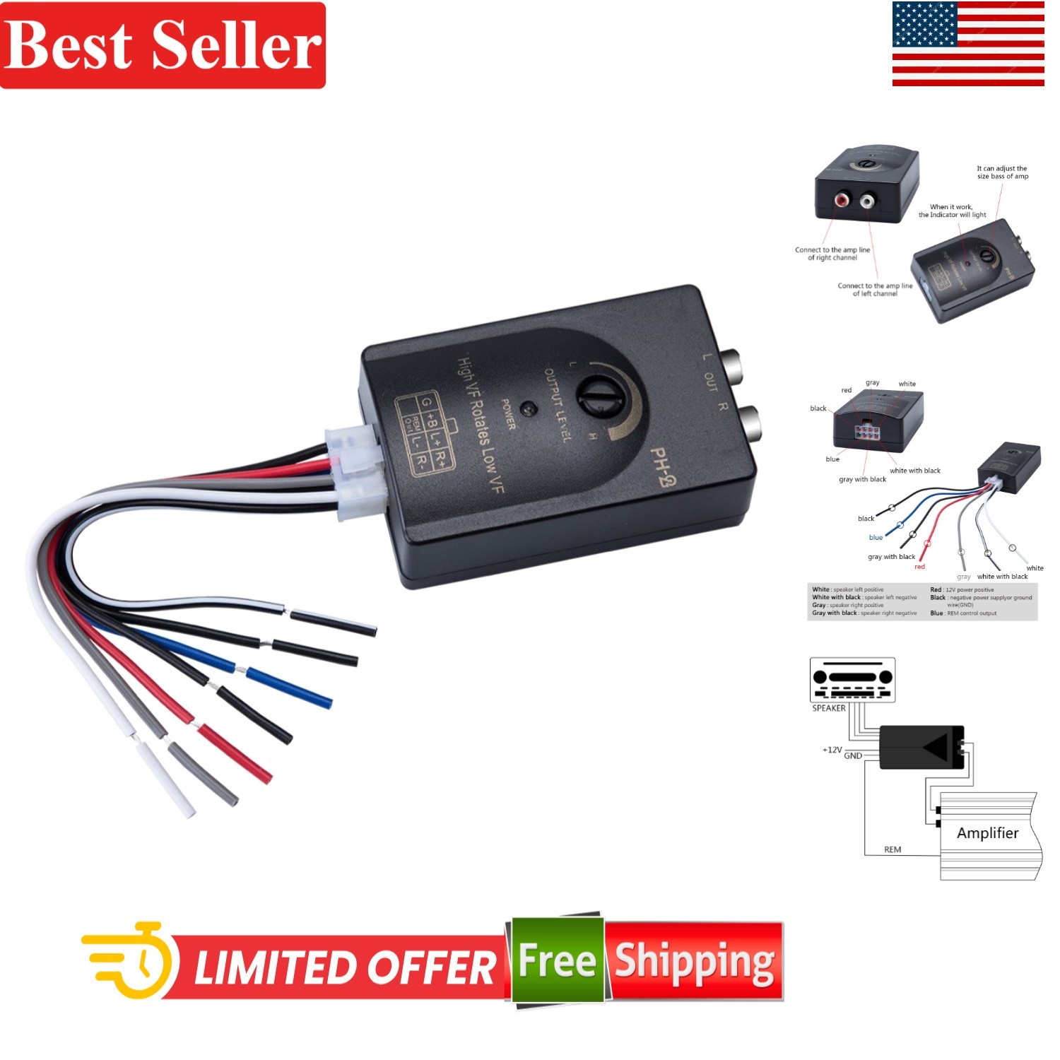 Car RCA High to Low Line Output Converter 2-Channel Adjustable Subwoofer Level