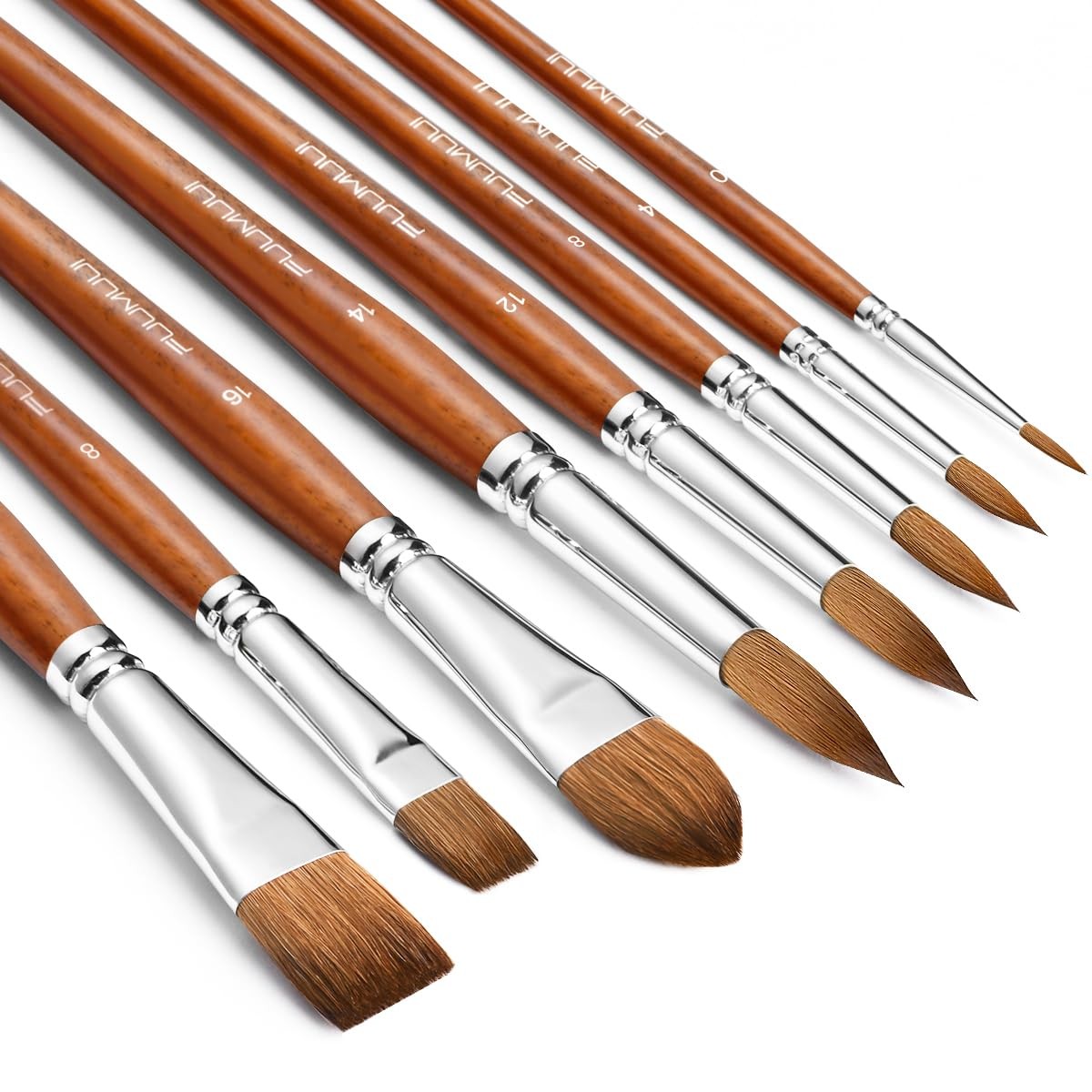 8 PCS Sable Watercolor Brush Set, Variety Shapes, Round, Flat, Liner, Wash