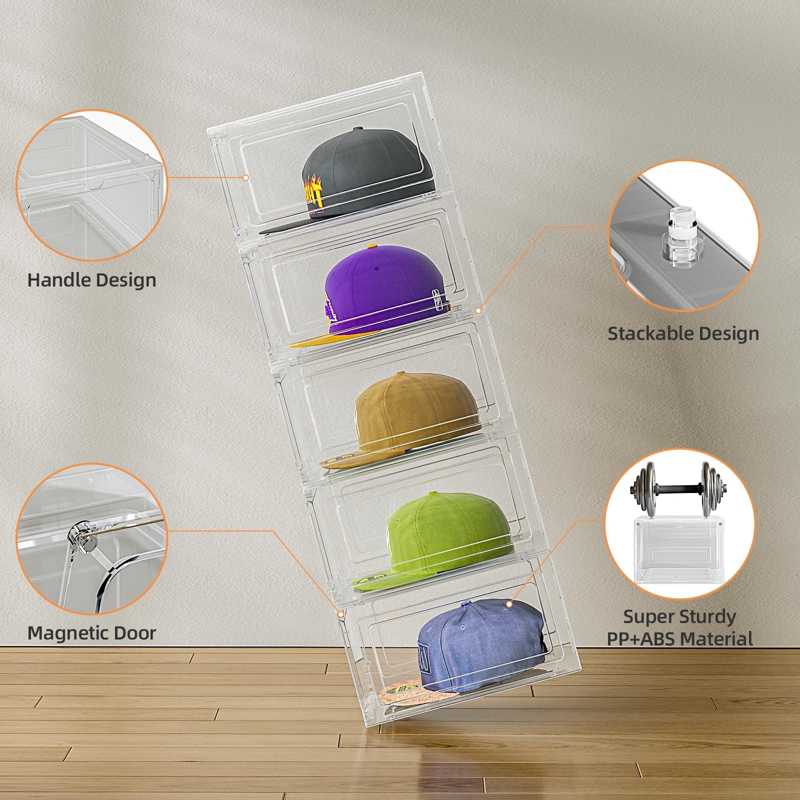 ZHAIXIAONIAN 6-Pack Hat Organizer Box Baseball Caps Storage Clear Stackable