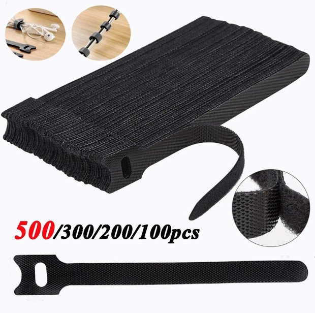 100PC Reusable Cable Straps Black Wire Cord Hook Loop Ties Fastening Organizer
