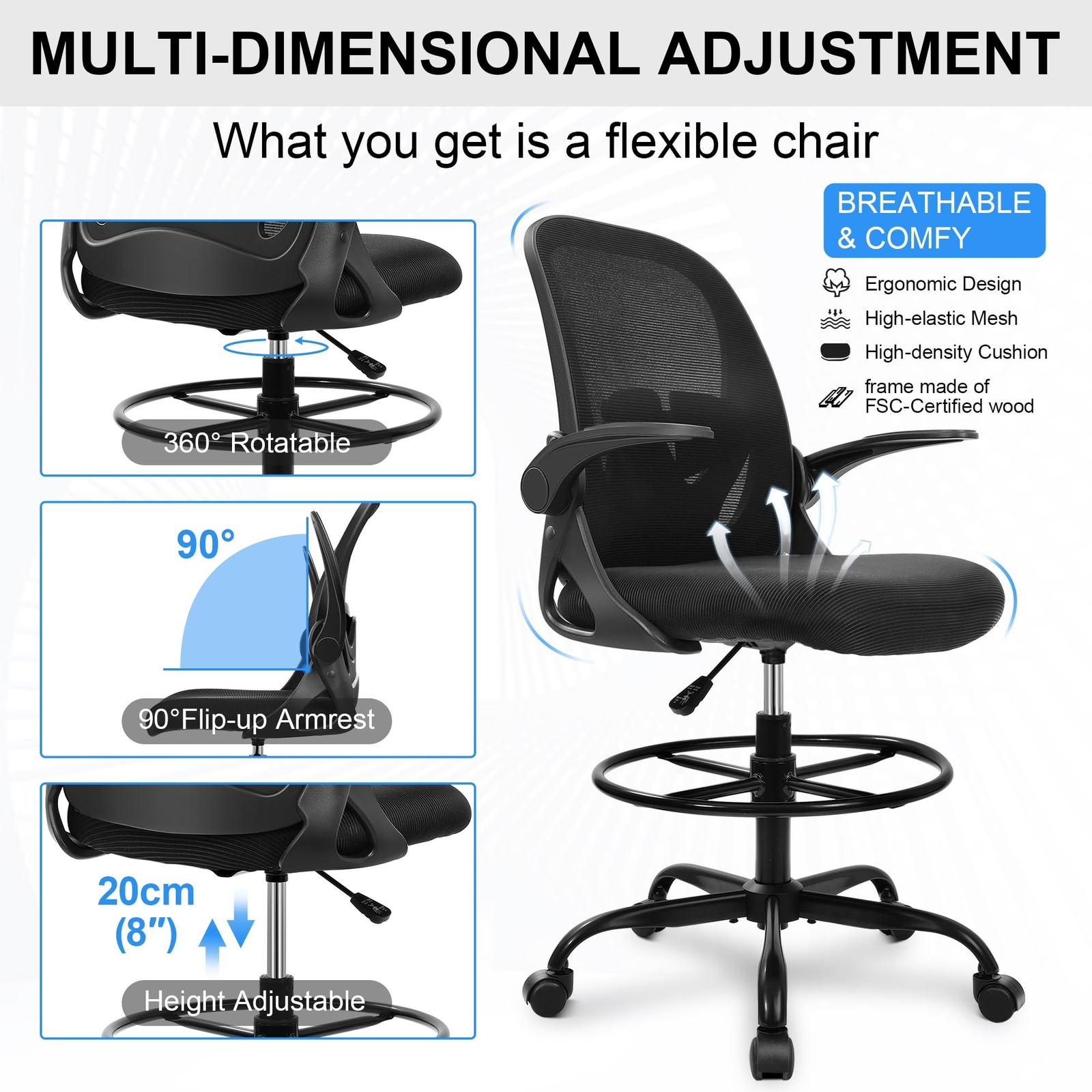 Primy Drafting Chair Tall Office Chair with Flip-up Armrests Executive Ergono...