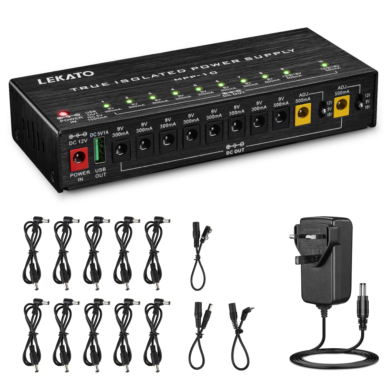 Guitar Pedal Power Supply 10 DC Ports 9/12/18V 300/500mA & USB Ports + Charger