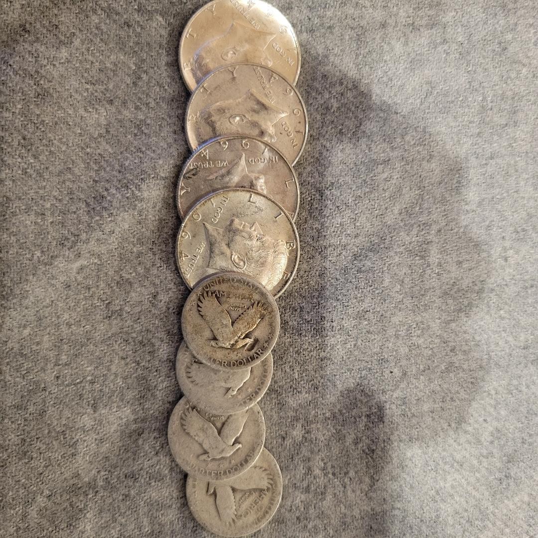 4 Kennedy Half Dollars and 4 Standing Liberty Quarters Scrap Lot 90% Silver
