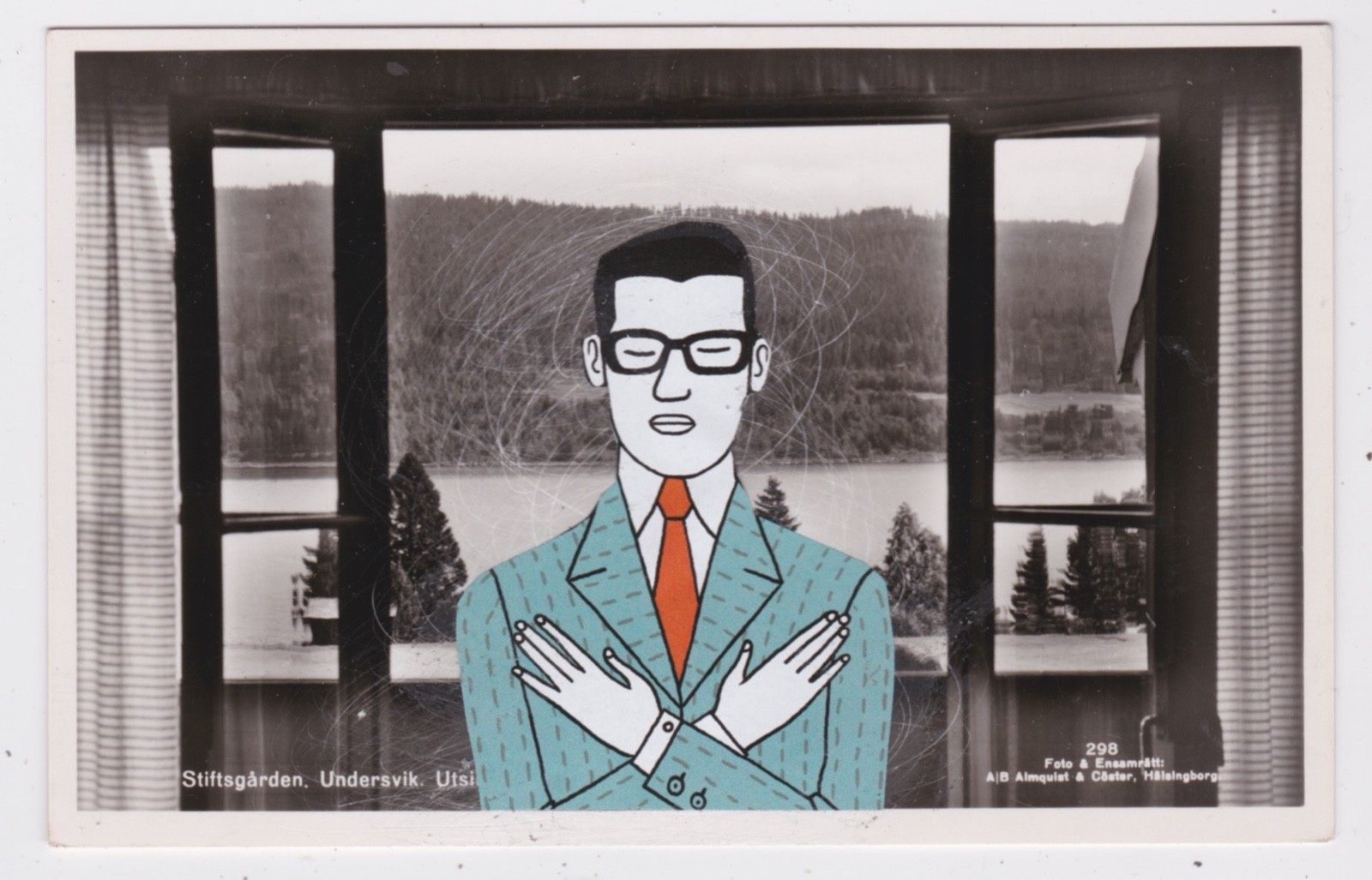 Mail Art David Greenberger "He went to the Lakeside Cabin..." collaged postcard