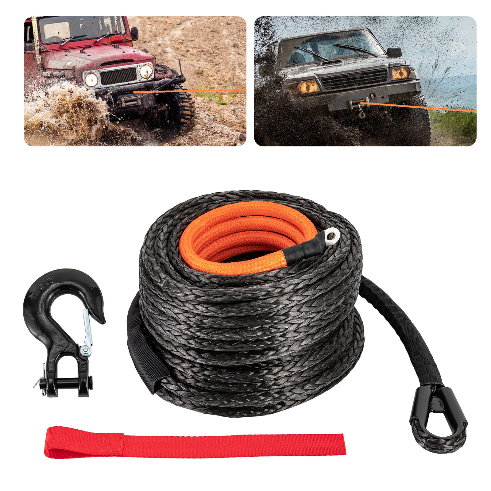 3/8" x 92ft Winch Rope Synthetic Line Recovery Cable Black w/ Hook 4WD ATV SUV