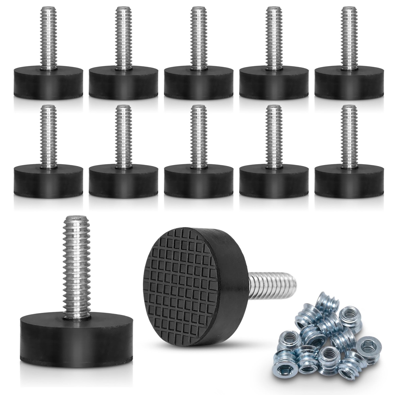 12 Pack All-Rubber 1/4"-20 UNC Leveling Feet with thread, Black