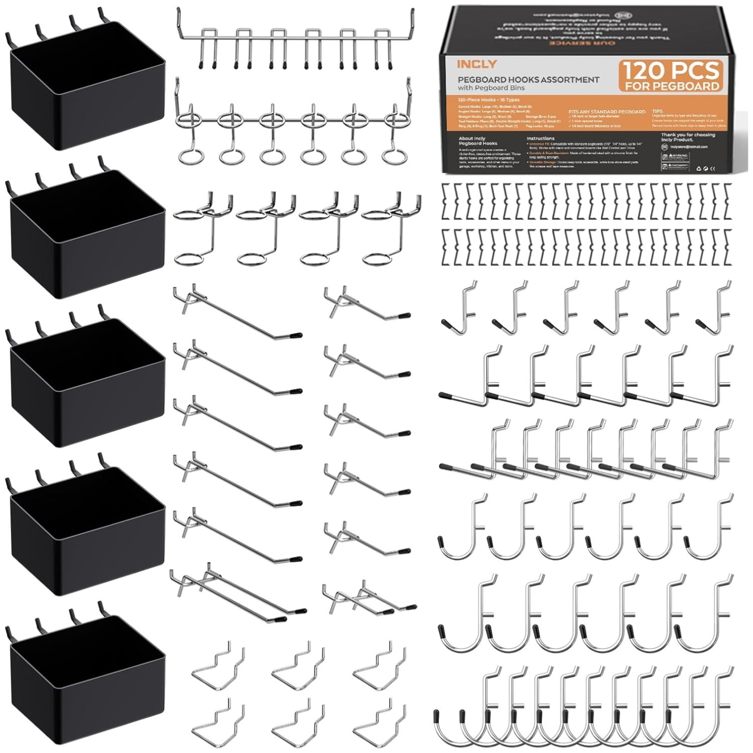 Versatile 120PC Pegboard Organizer with Hooks & Bins - Fits 1/8" and 1/4" Boards