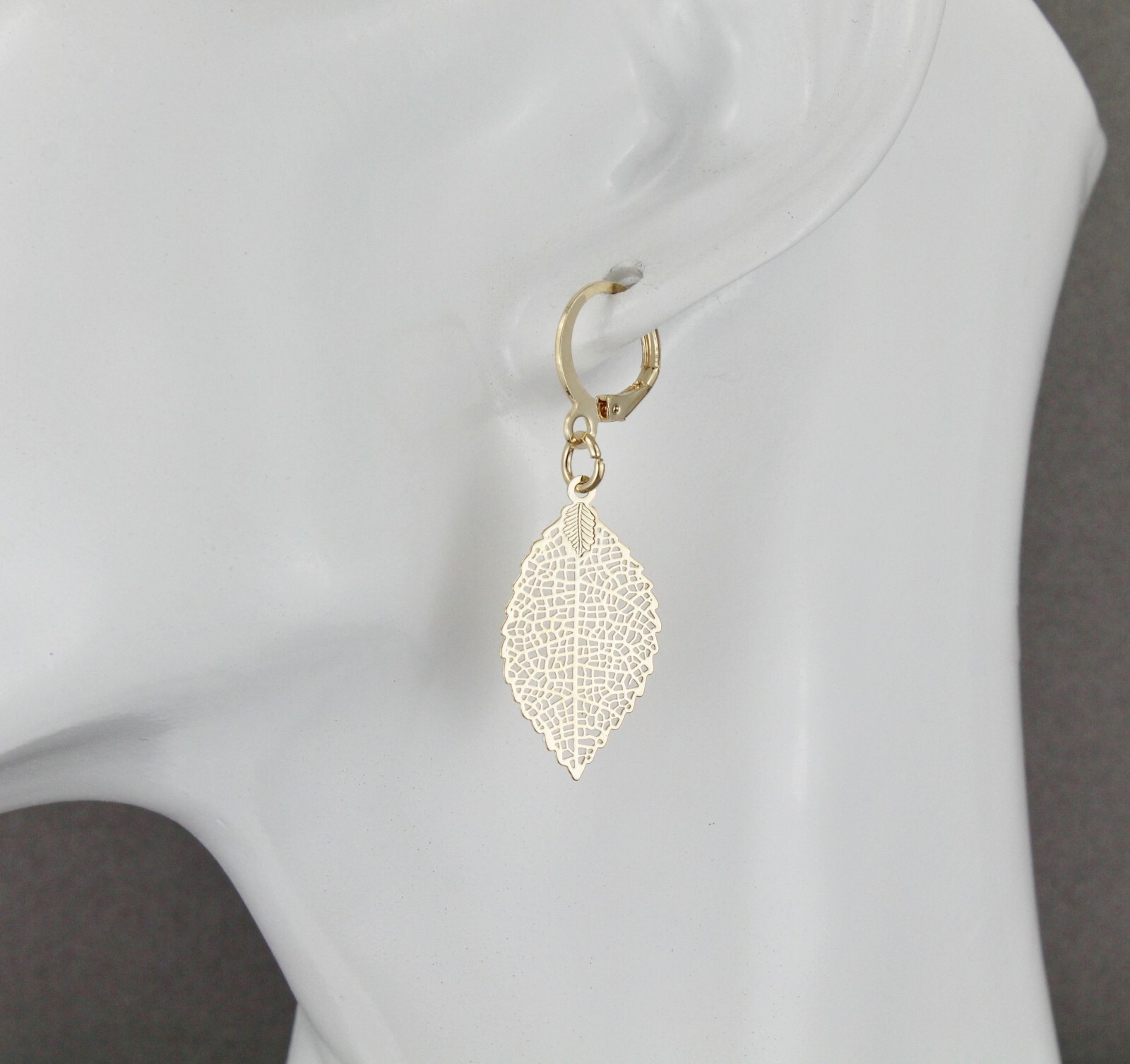 gold leaf earrings small filigree leaves dangle 1.75" long leverback lightweight