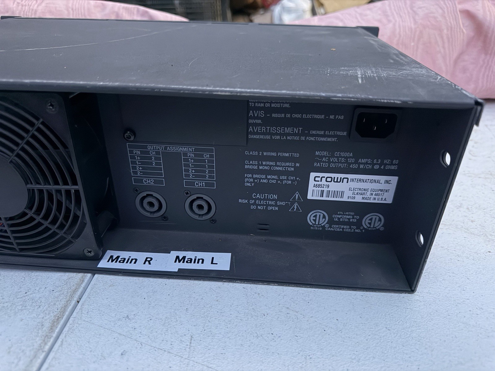 Rack Mount Crown CE1000 2-Channel Power Amplifier AS IS Untested / Powers On