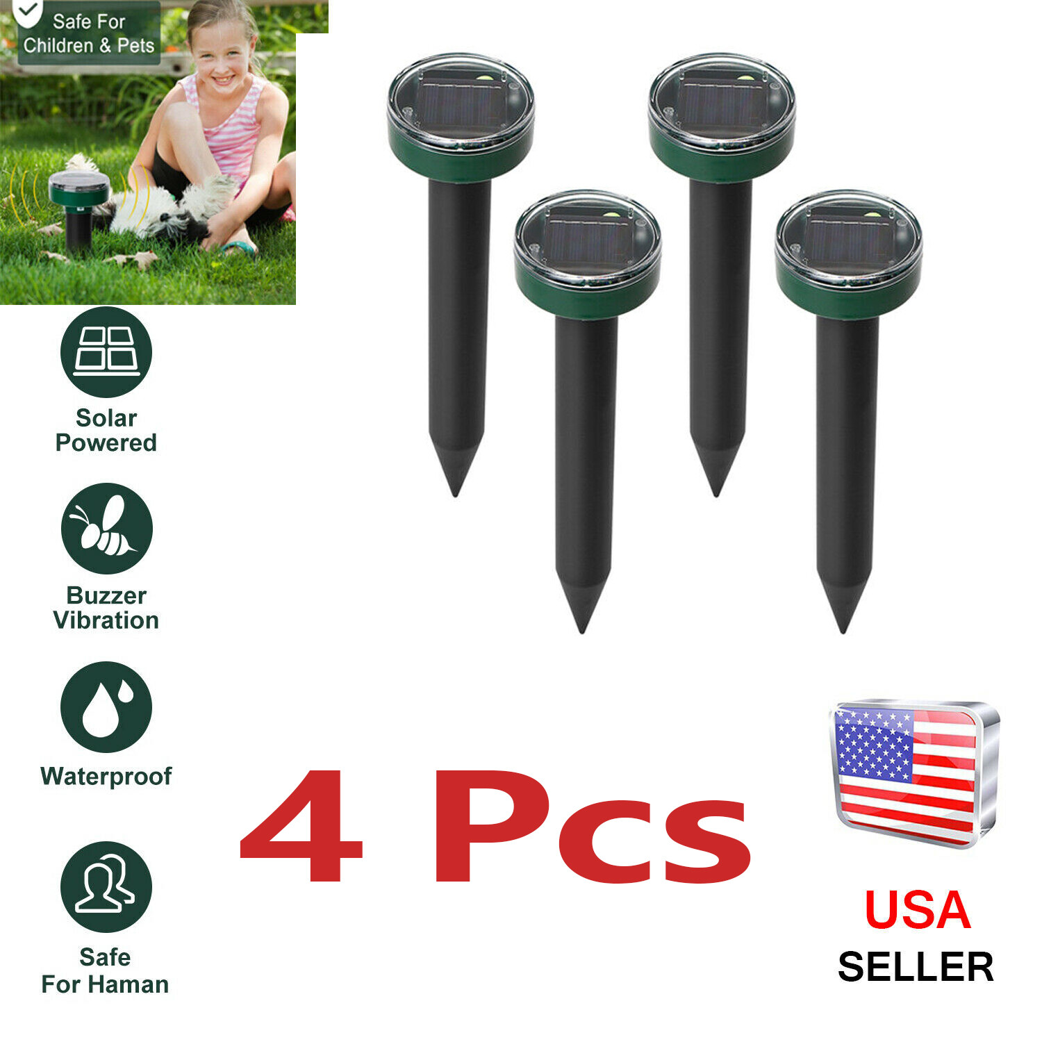 4 Pack Solar Power Ultrasonic Mice Gopher Mole Pest Snake Repellent Repeller
