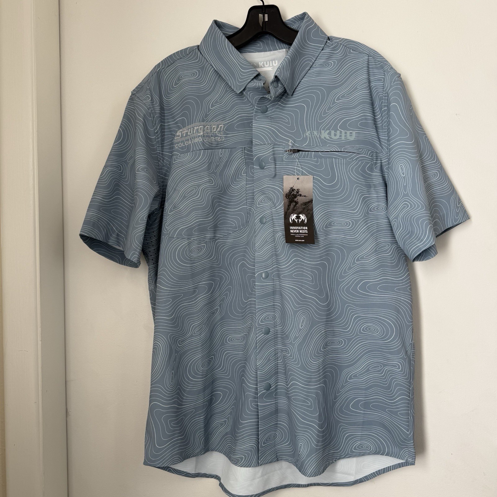Kuiu Mesa Vented Snap Shirt Short Sleeve Embroidered Business Logo Large blue