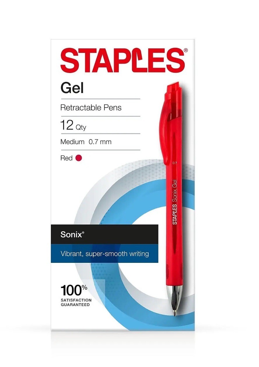 Staples Sonix Retractable Gel-Ink Pens Medium Point Red Dozen (13562-CC) 651255