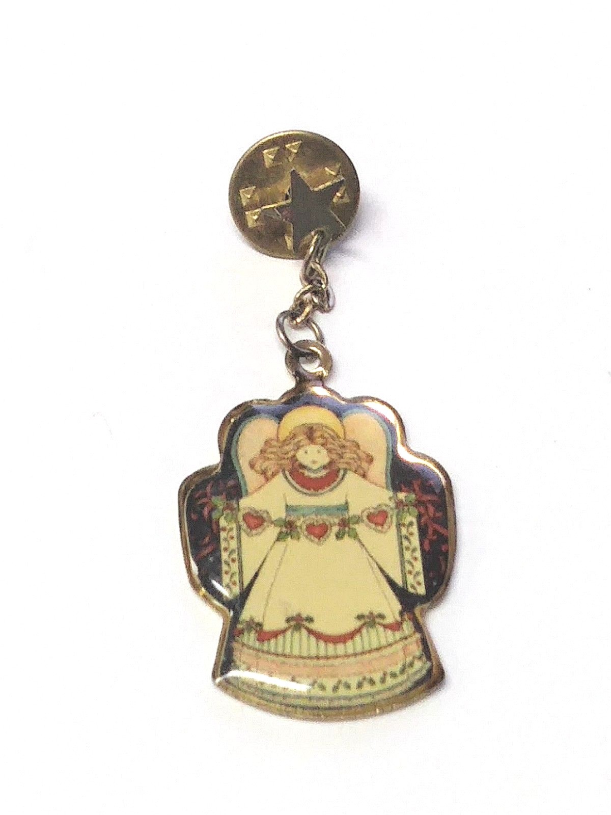 Lovely Gold Tone Christmas Angel w/ Star Clutchback Pin Brooch Dangle Holiday