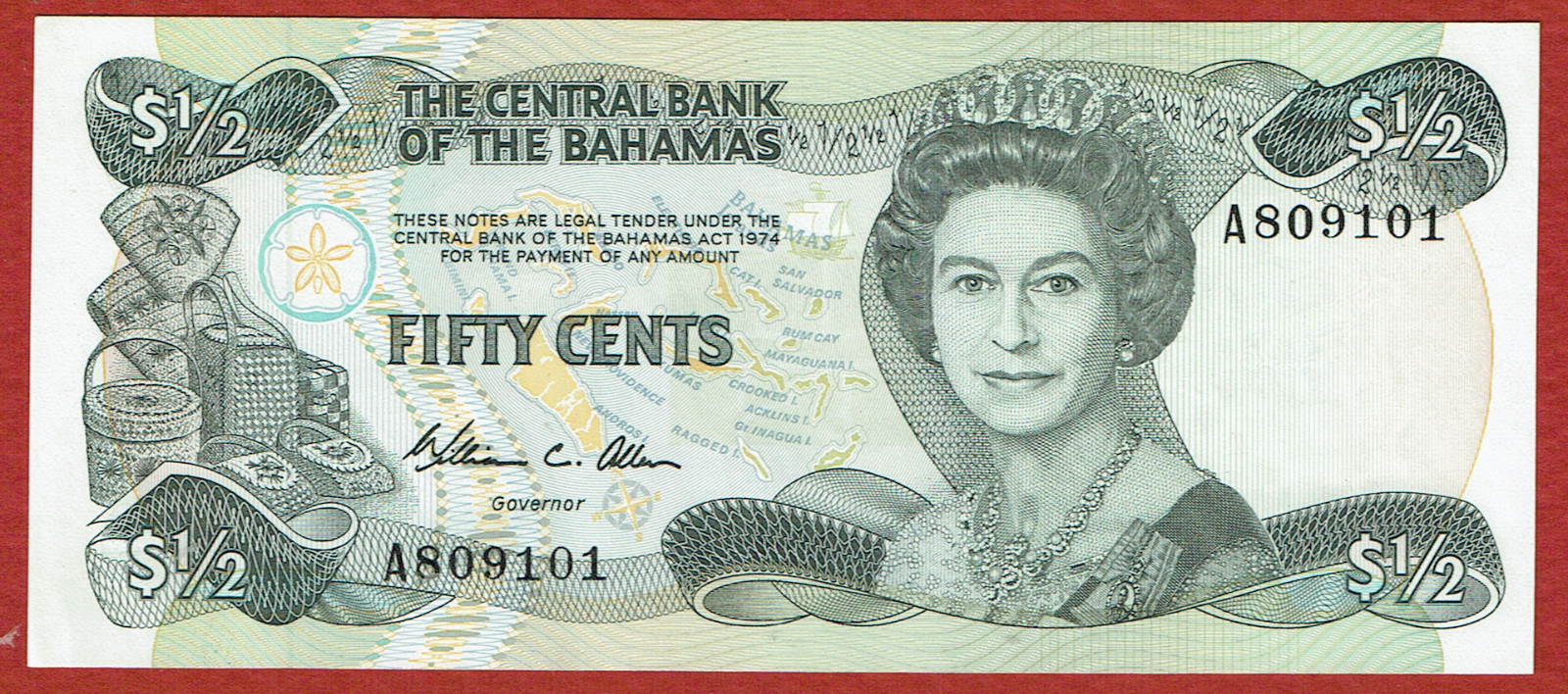 CENTRAL BANK OF THE BAHAMAS L.1974(1984) 50 CENTS (PICK#42a) CH CU