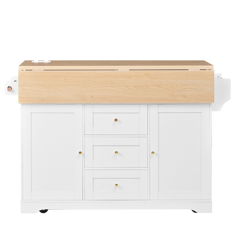 Kitchen Island w/ Power Outlet Wheels, Extendable Dining Table Storage White