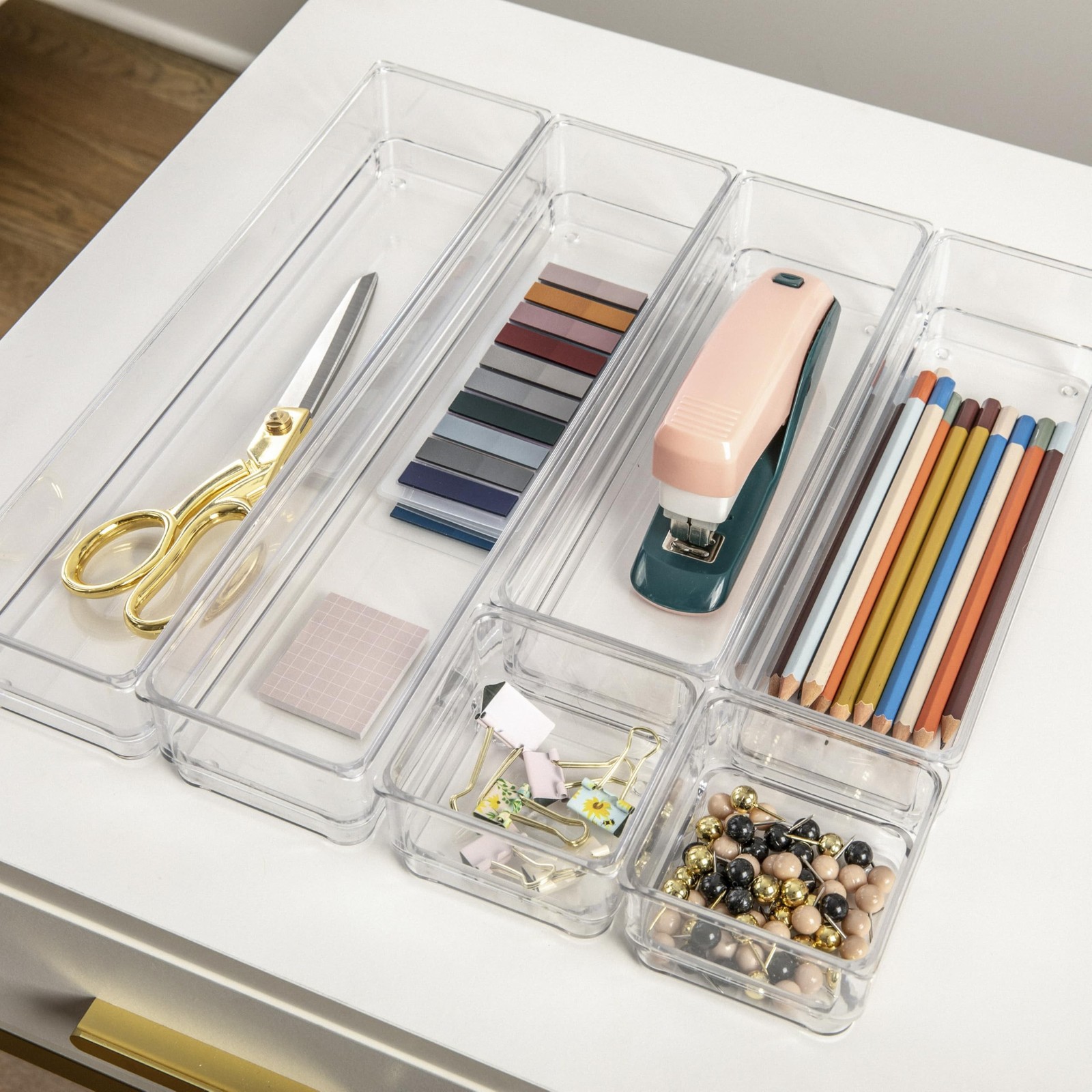 Martha Stewart Miles Stackable Desk Drawer Organizers, Clear, 6-Pack