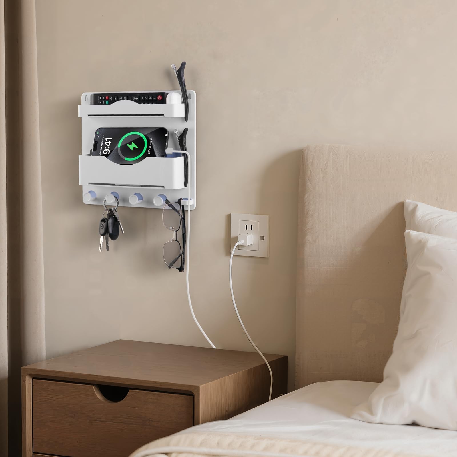 Bedside Wall Shelf with Glasses Hooks, Adhesive Bedside Organizer Wall Mount ...