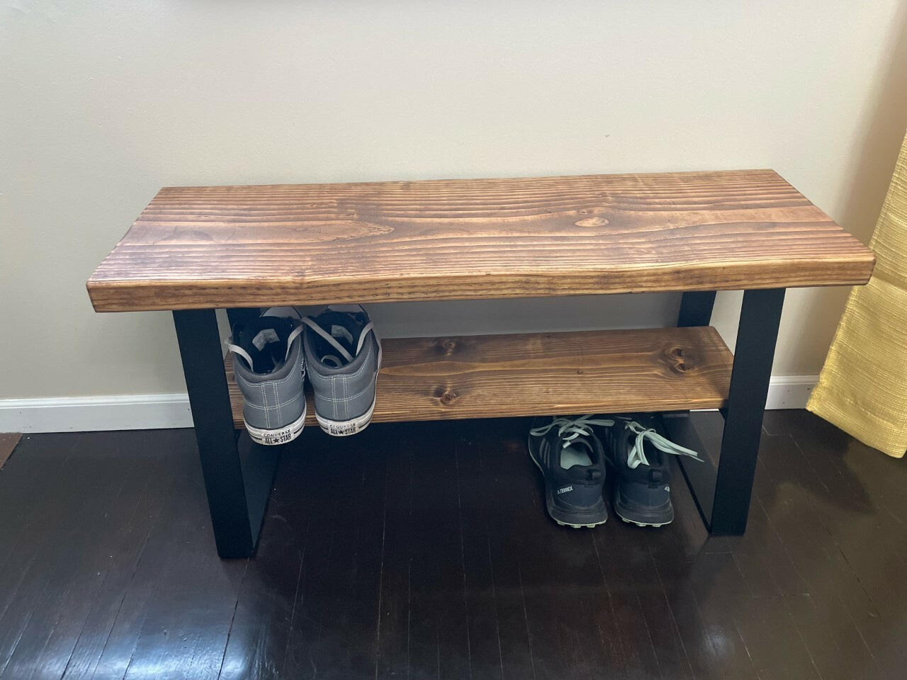Farmhouse Entryway Bench With Metal Legs and Shoe Shelf, Mudroom Bench, Shoe Rac