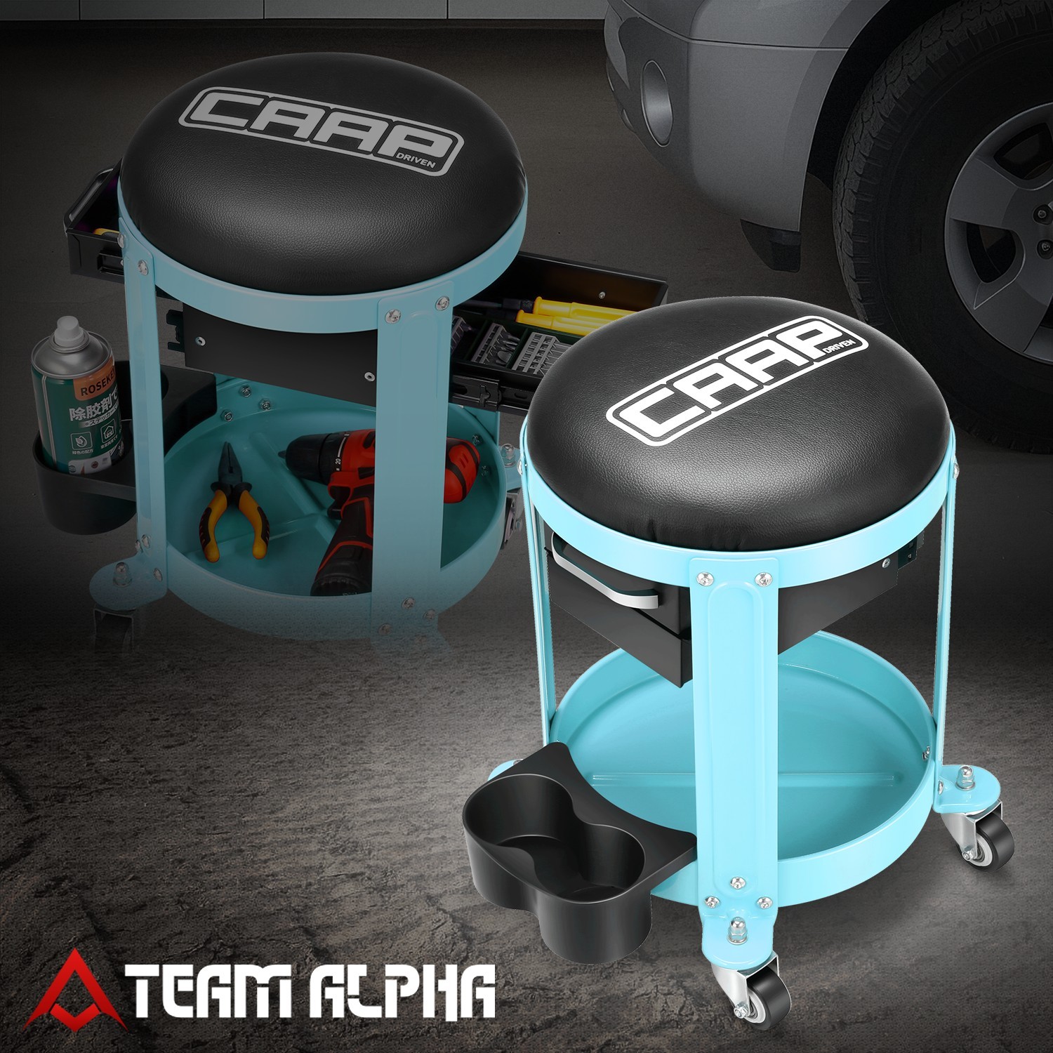 Roller Mechanics Seat Tool Creeper Chair Garage Storage Stool Sky Blue w/ Drawer