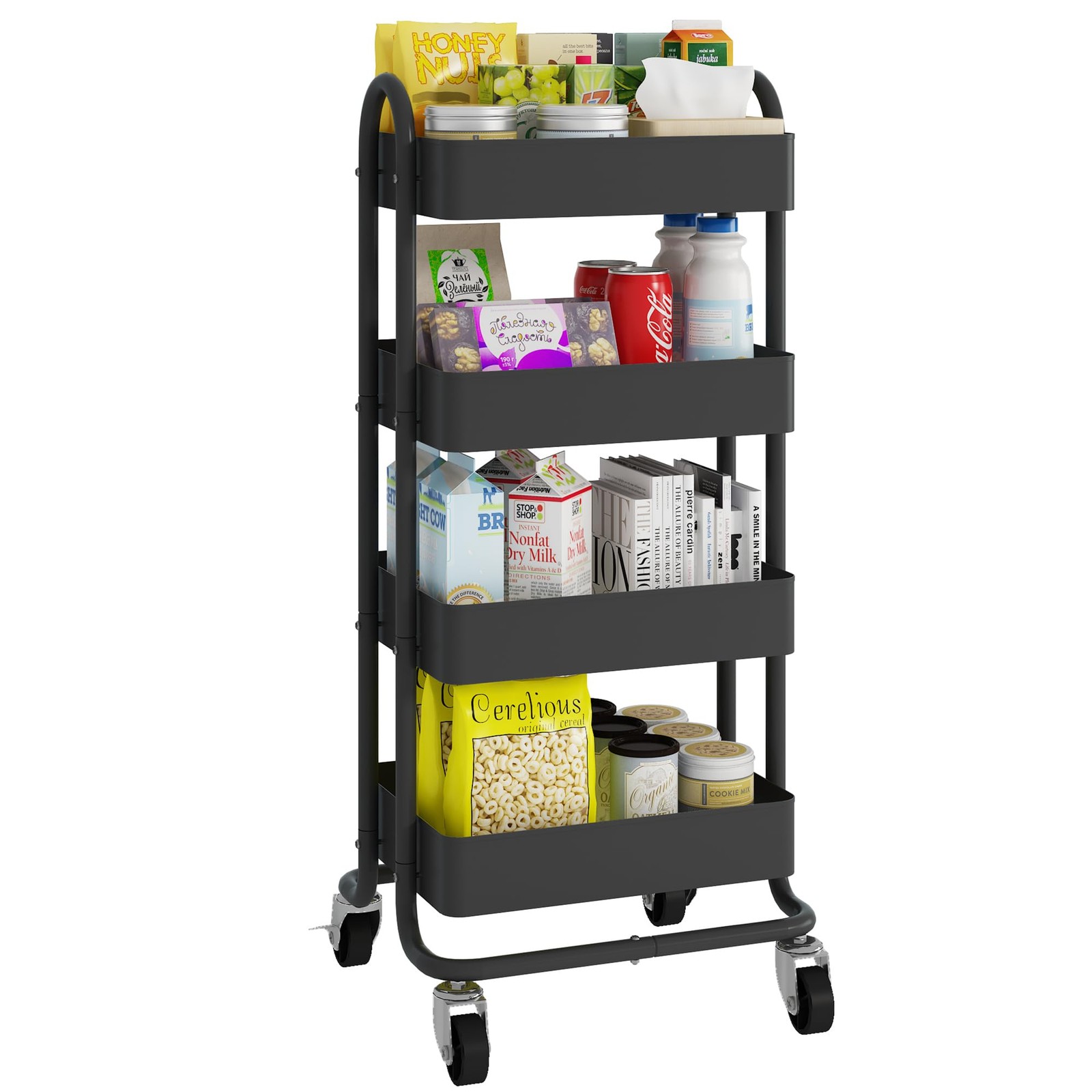 Metal 4-Tier Rolling Cart with Handle,Multifunction 4-Tier Rolling Cart Metal...