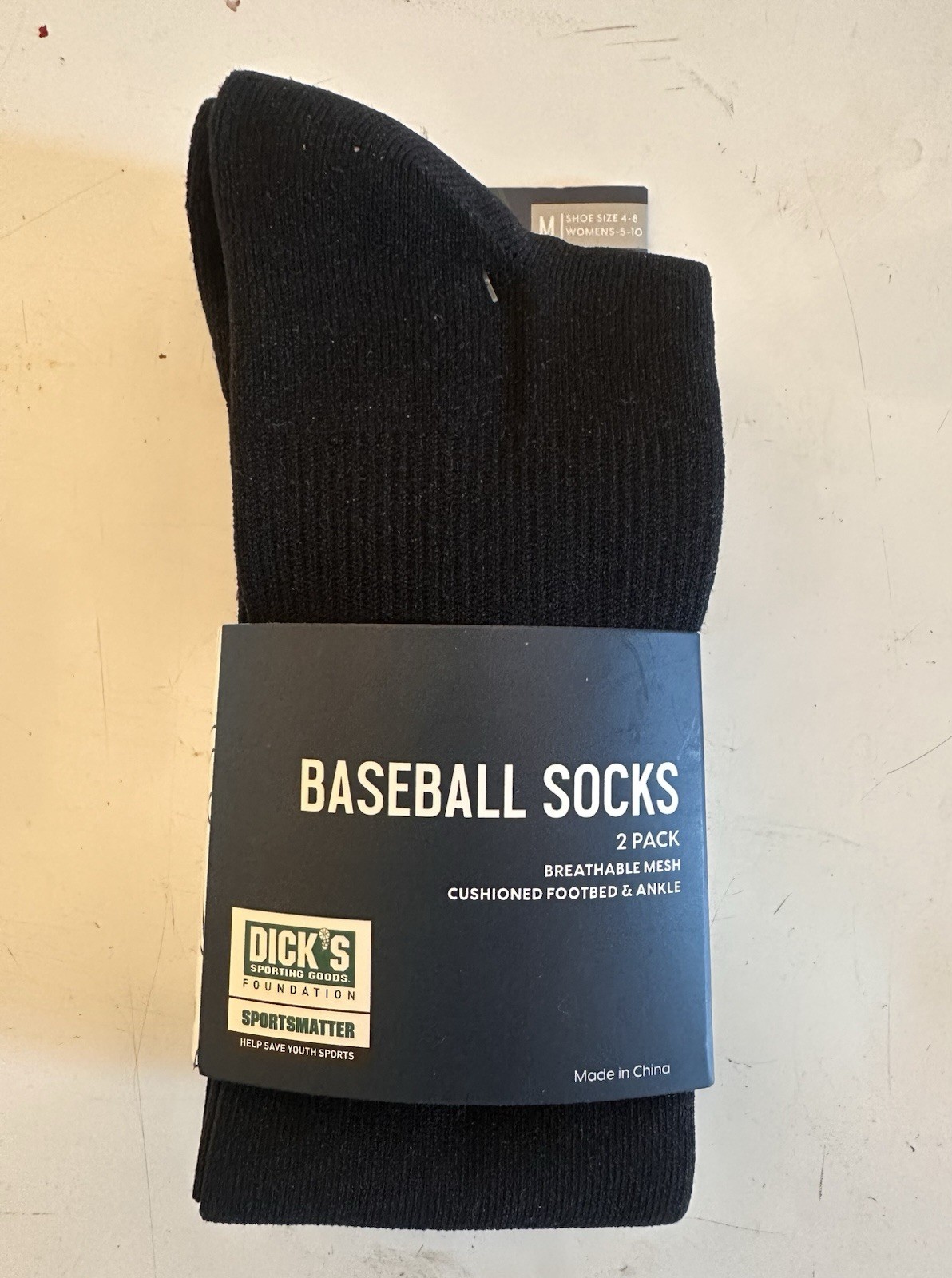 Dick's Sporting Goods Baseball Socks 2-Pack Black Size M Cushioned Footbed