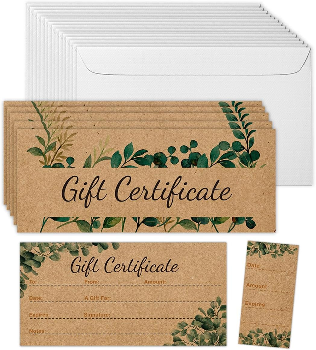 50 SETS Gift Certificates for Business, Blank Kraft Gift Cards Certificates with