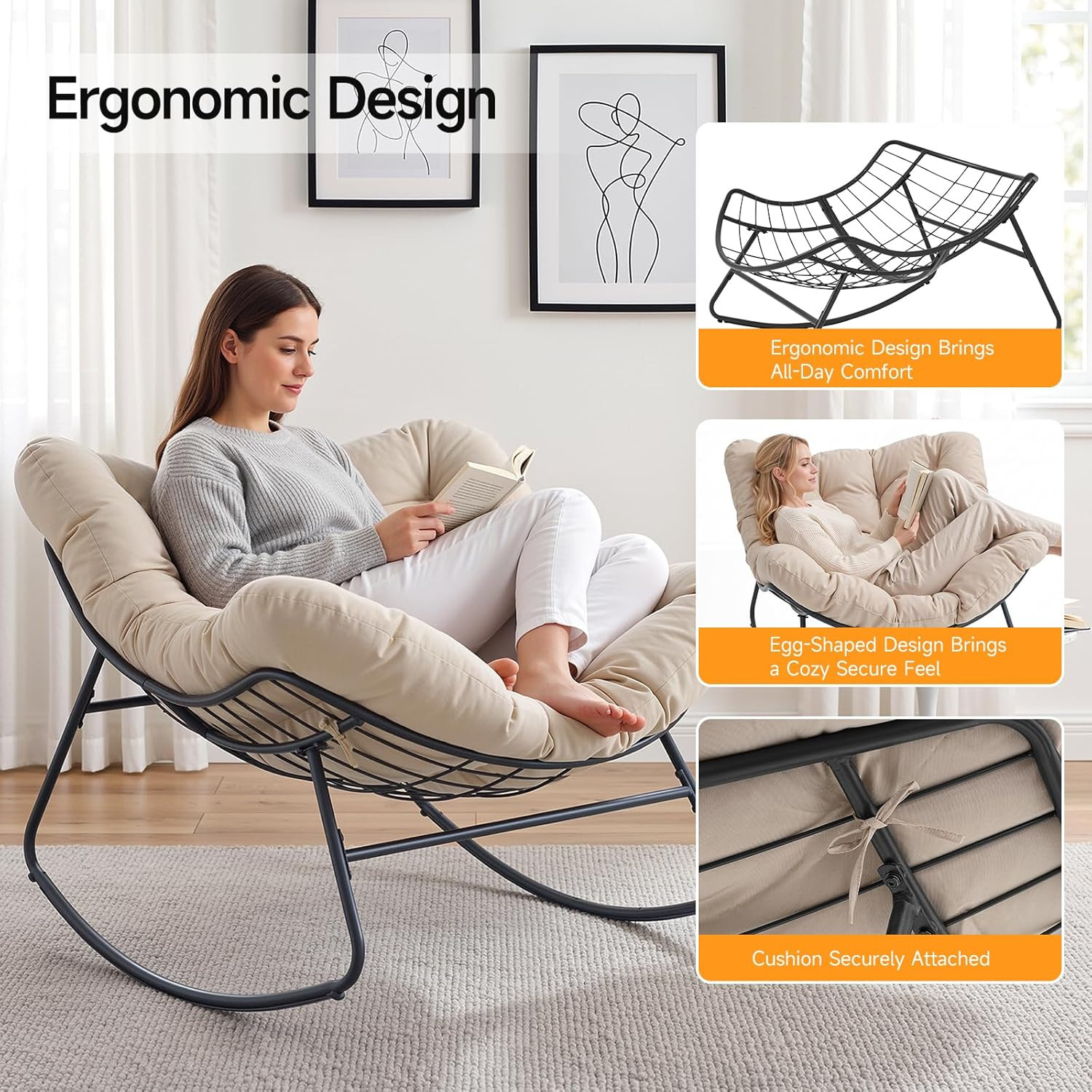 Papasan Rocking Chair Indoor, Oversized Rocking Chair with Thickened Cushion, 45
