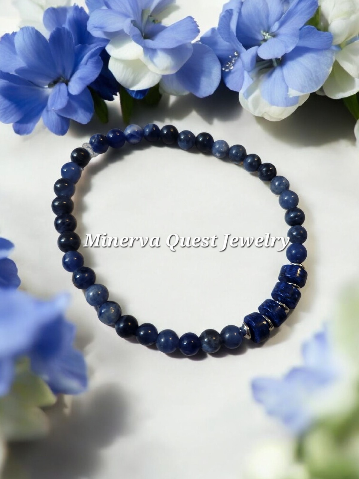 Handmade Dainty Artisan Sodalite Disk Stretch Bracelet #2818