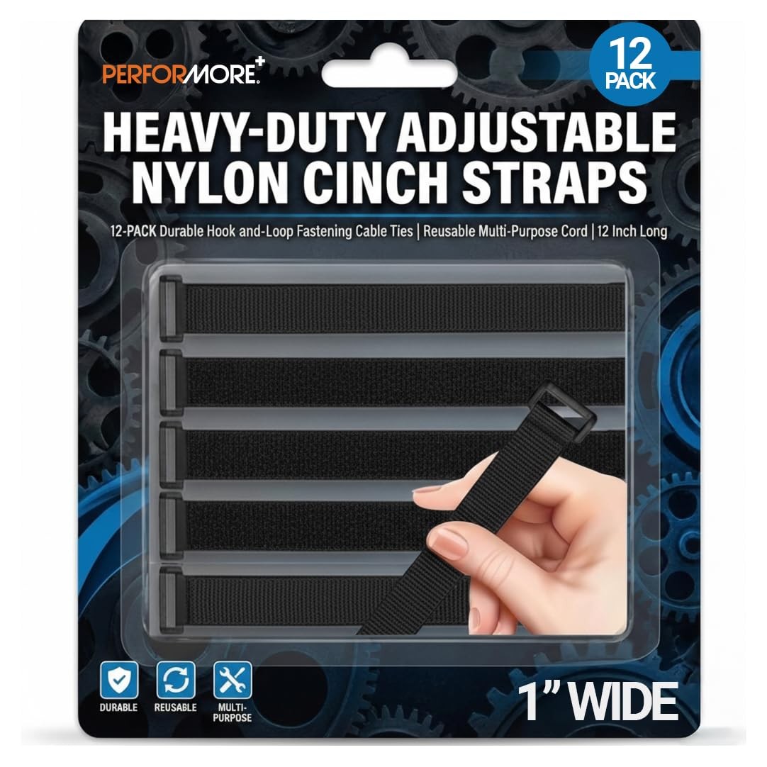 Performore Heavy-Duty Adjustable Nylon Cinch Straps | 12-Pack Durable Black