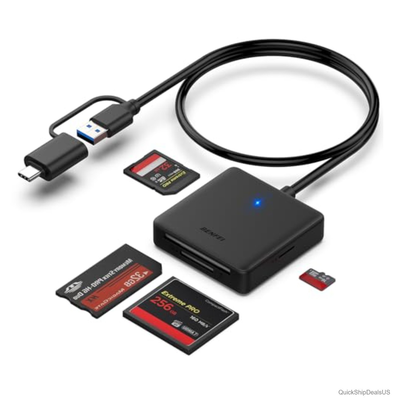 Memory Card Reader 4-in-1 USB 3.0 & USB-C Adapter for SD, Micro SD, MS, CF Cards
